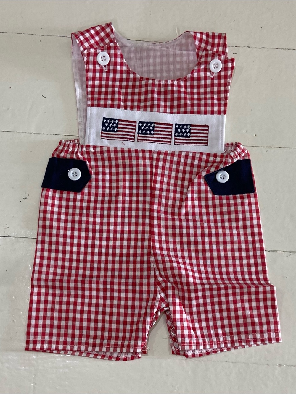 Classic Red Gingham Kids Romper with Flag Applique